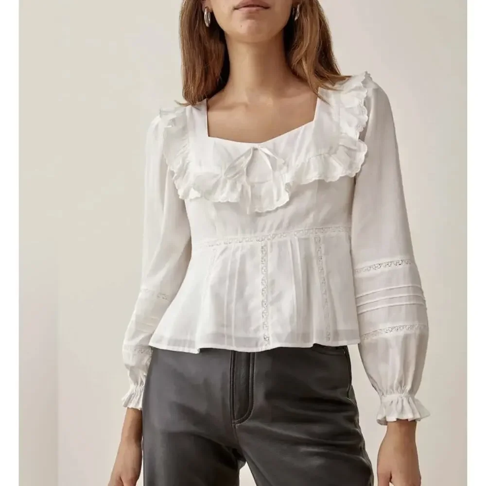 Reformation Belden Top Ruffle Puff Sleeve Square Neck White Small Cottagecore